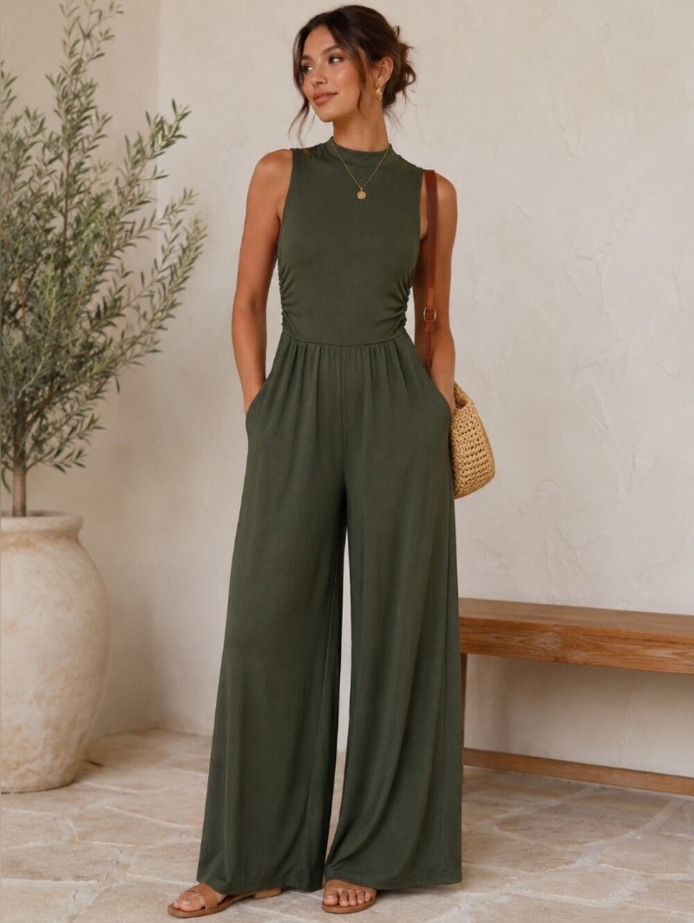 Cider Olive Green Ribbed Wide Leg Jumpsuit Large